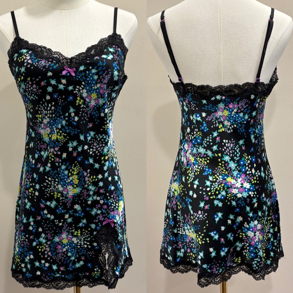 Victoria's Secret 2012 Black Ditsy Floral Satin Chemise Slip Dress Lace Trim XS